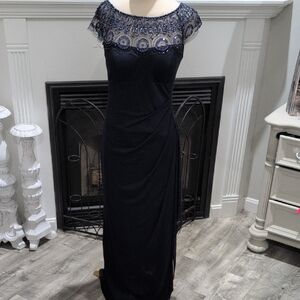 Xscape Elegant Navy Maxi Dress with Beaded Neckline Size 4
